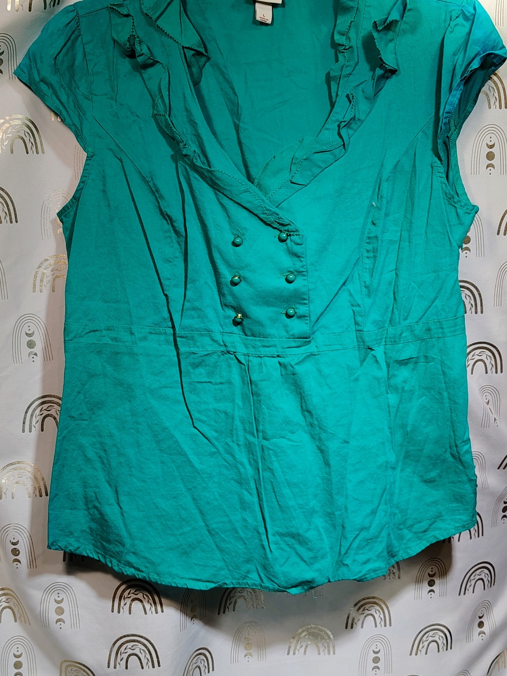 Merona Teal Ruffle V-Neck Double-Button Cap Sleeve Blouse